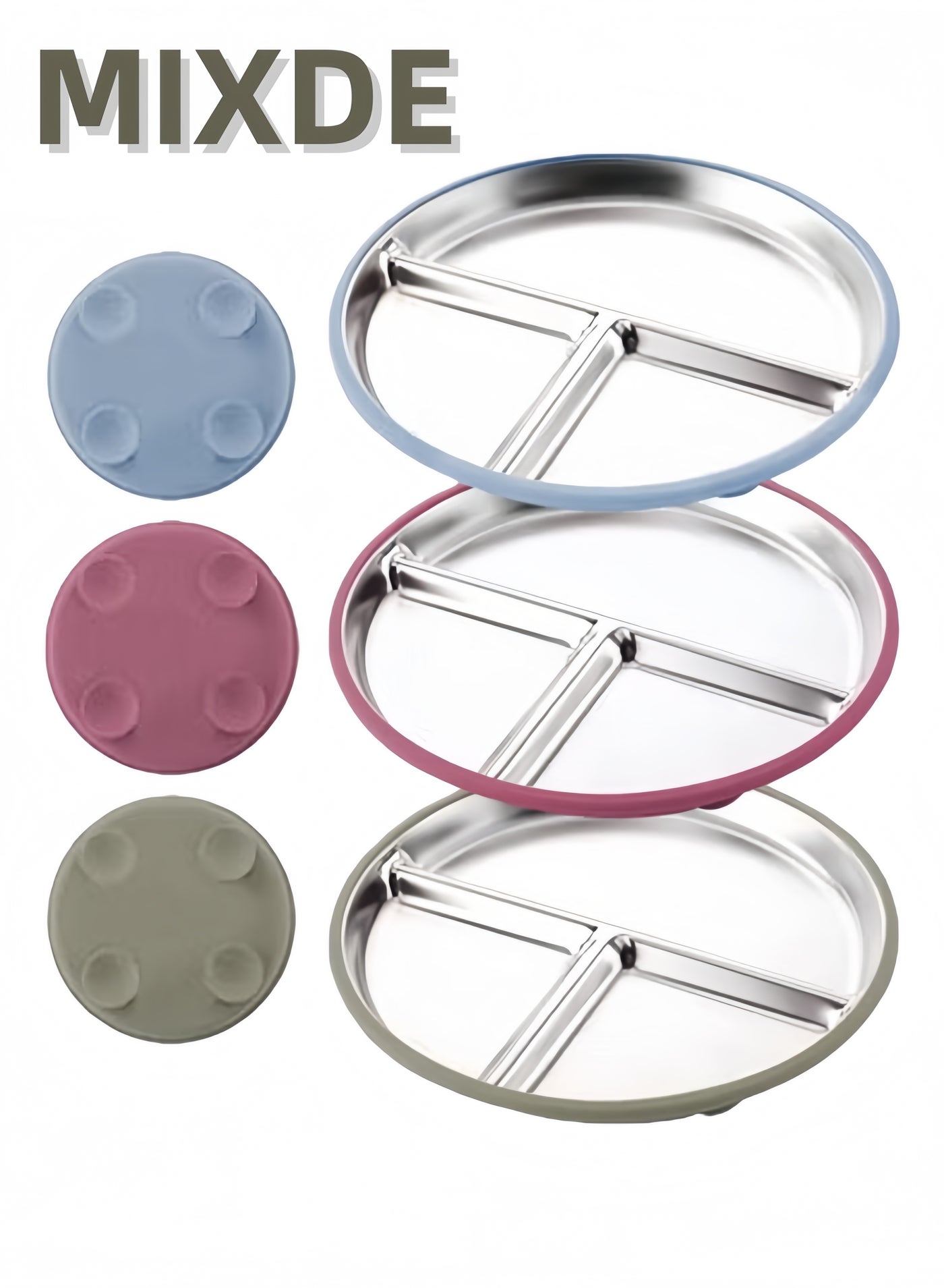 MIXDE Suction Plates with Lids for Babies Toddlers - Silicone, Dinnerware Stays Put, Divided Design for Picky Eaters, Microwave Dishwasher Friendly, 3 Pack